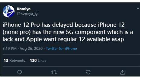 iPhone12Pro将推迟发布,或因新款5G部件短缺